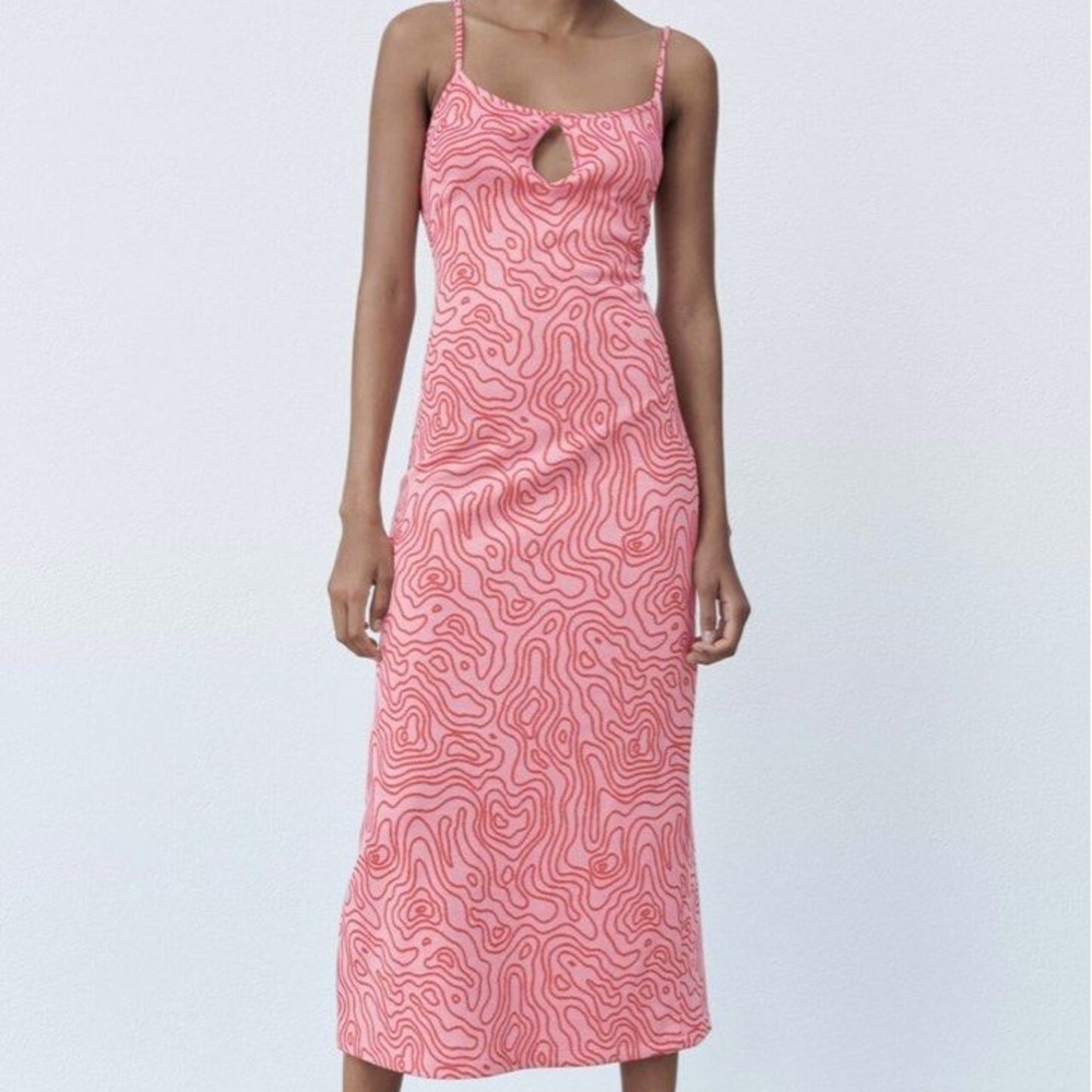 ZARA PINK SWIRLY JACQUARD MIDI DRESS